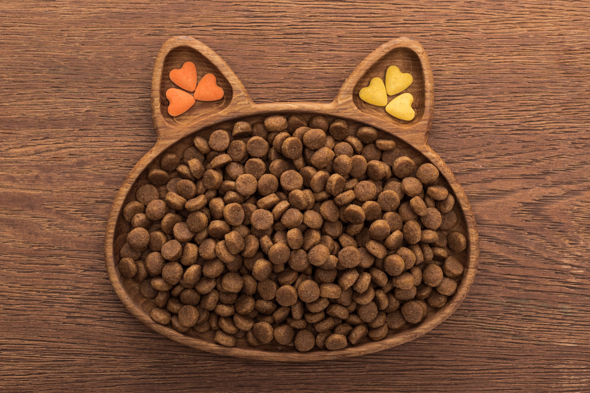 top view of feline dry pet food and vitamins in cat shape plate on wooden table